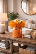 Oranžová  váza  s kyticu